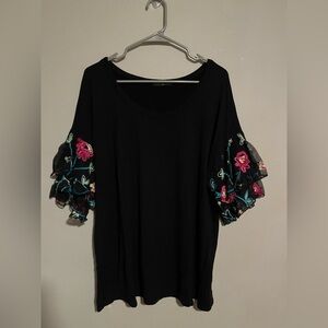 Kim & Cami Black Blouse with Colorful Floral Sleeves